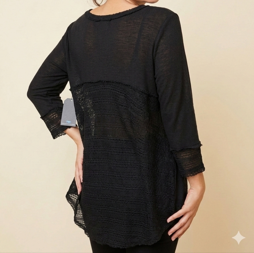 NWT Almost Famous Plus Size Black Scoop Neck Lace-Hem Women's Top